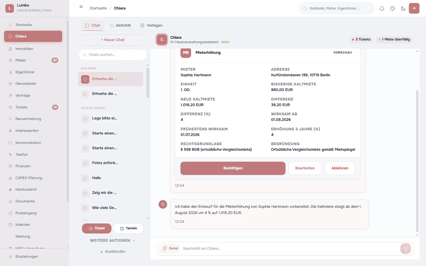 Lumika — Dashboard mit KPIs, Tickets und Zahlungen